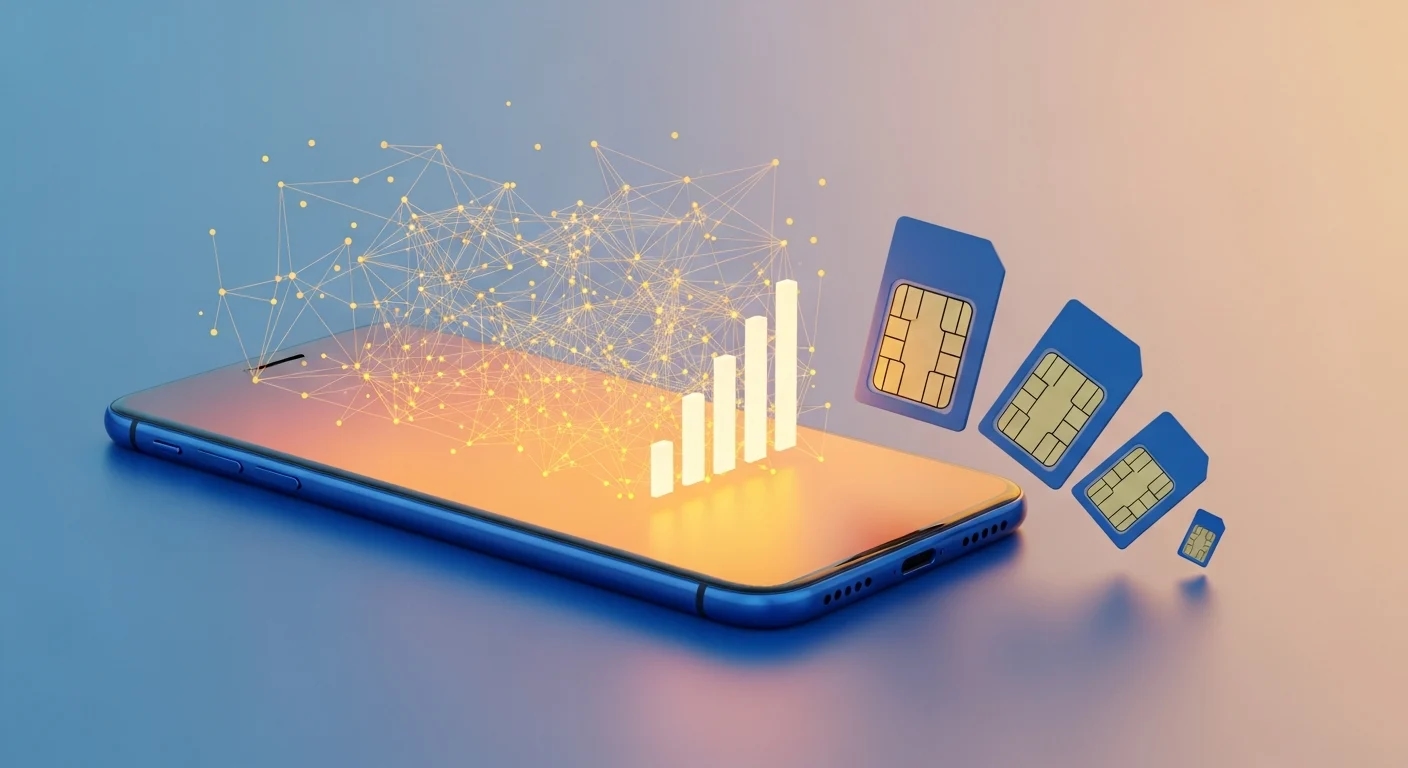 Концепт: SIM-карты, смартфон с сигналом и мобильная сеть — выбор оператора в Испании
