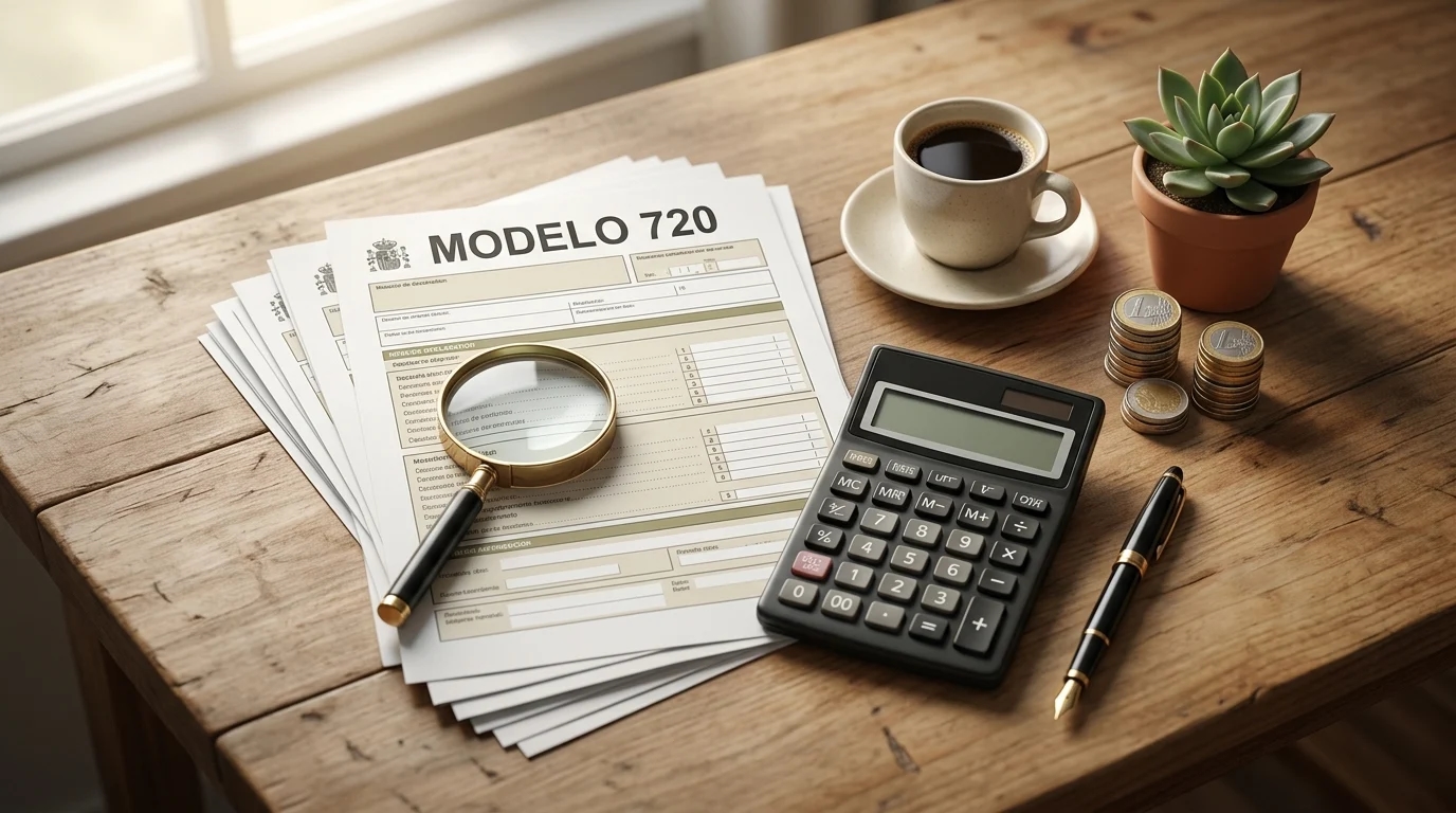 Стопка формуляров Modelo 720 с лупой, калькулятором и стопкой монет евро на деревянном столе