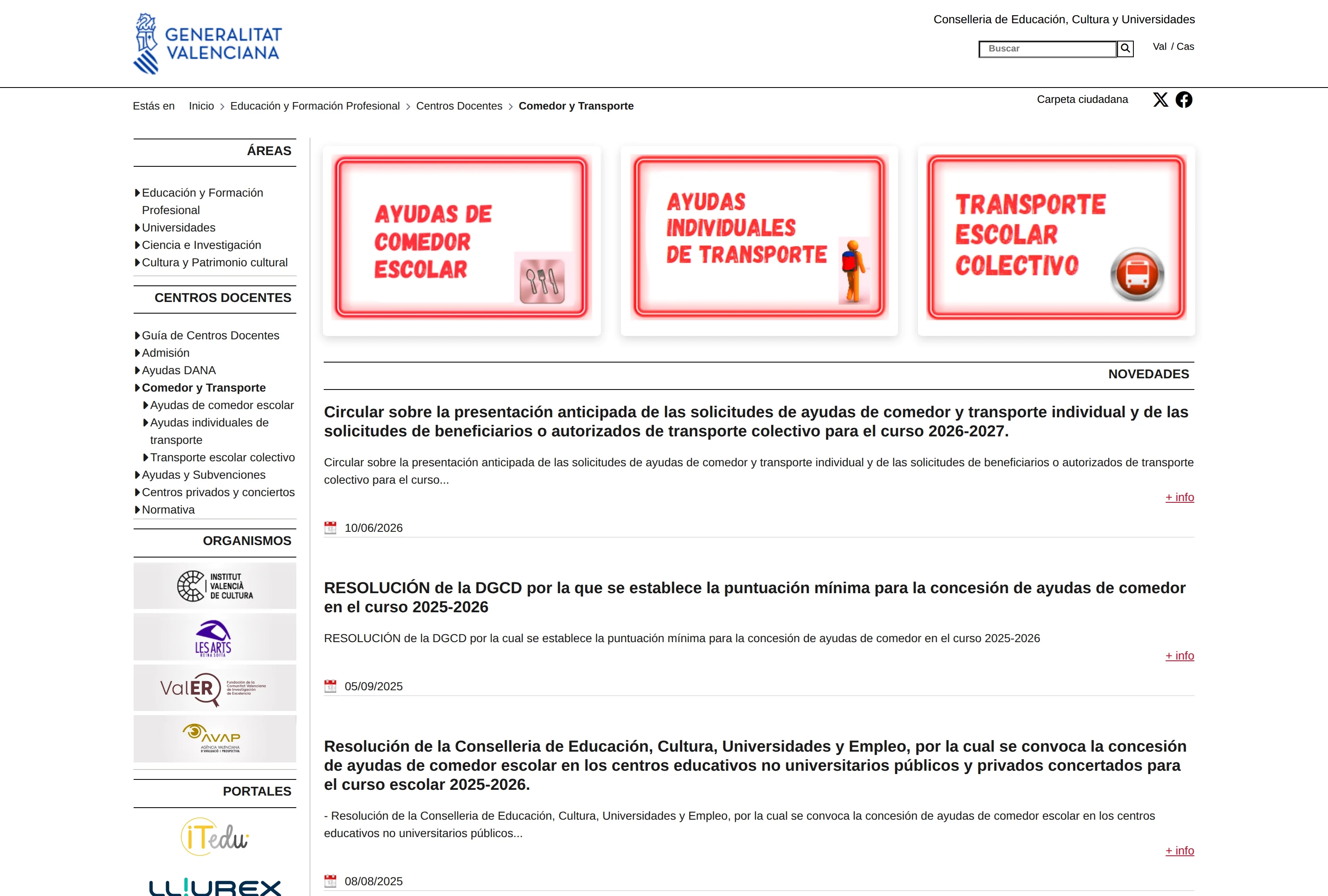 Портал Generalitat Valenciana: помощь на школьную столовую, индивидуальный и коллективный школьный транспорт
