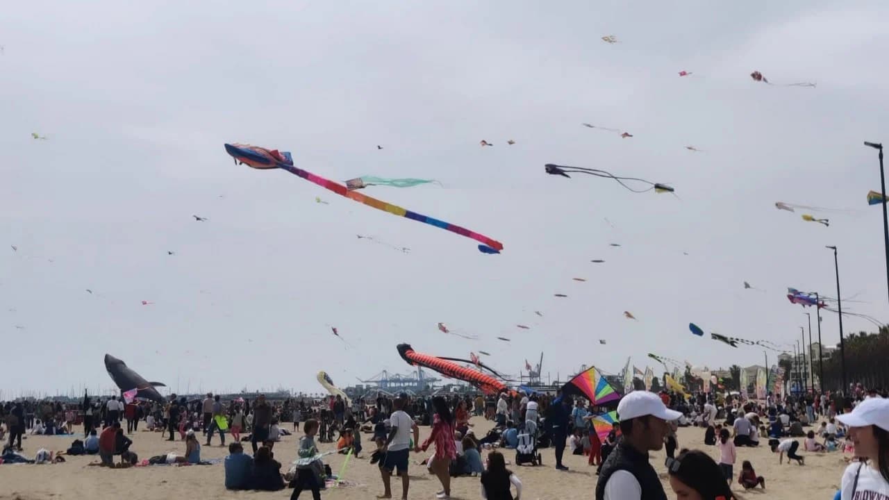 Толпа людей на пляже Cabanyal во время Festival de Cometas: десятки воздушных змеев в небе, среди них гигантская акробатическая раздваивающаяся фигура и длинная цветная лента