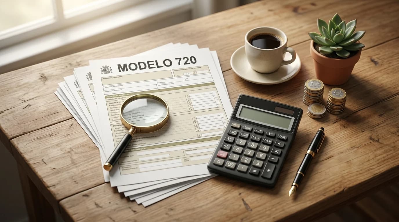 Стопка формуляров Modelo 720 с лупой, калькулятором и стопкой монет евро на деревянном столе