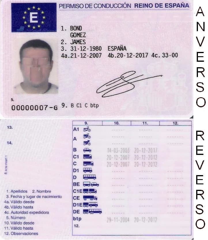 Permiso de conducción Reino de España: anverso с фотографией, фамилией, датой рождения, и реверс с категориями A, B, C, D и сроками действия