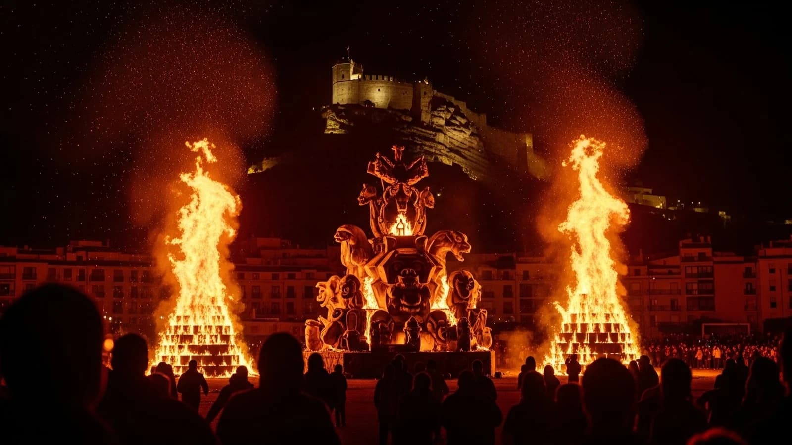 Кремá Hogueras de San Juan в Аликанте — горящий монумент-нинот ночью на фоне силуэта замка Санта-Барбара на горе Бенакантиль