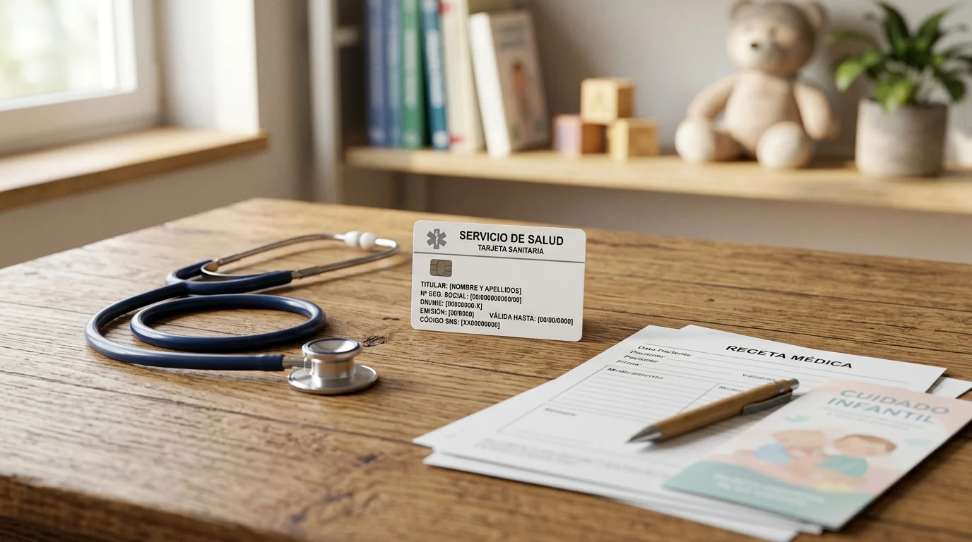 Стилизованная медицинская карта Servicio de Salud со стетоскопом и рецептом на письменном столе