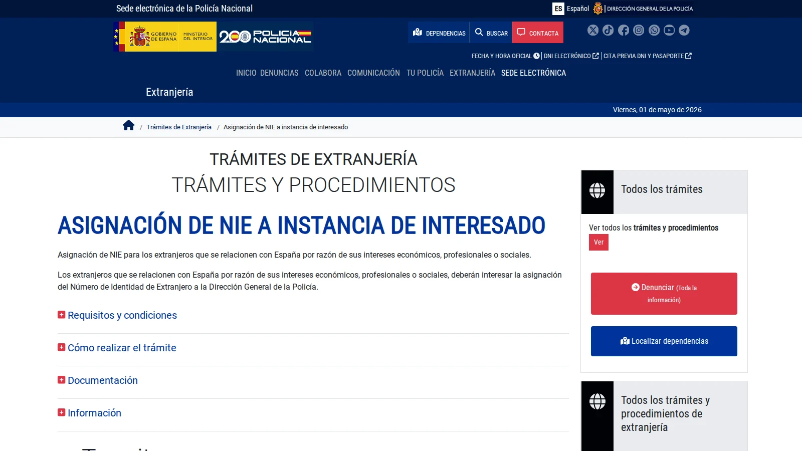 Скриншот официальной страницы Sede electrónica Policía Nacional с процедурой Asignación de NIE a instancia de interesado, Валенсия 2026