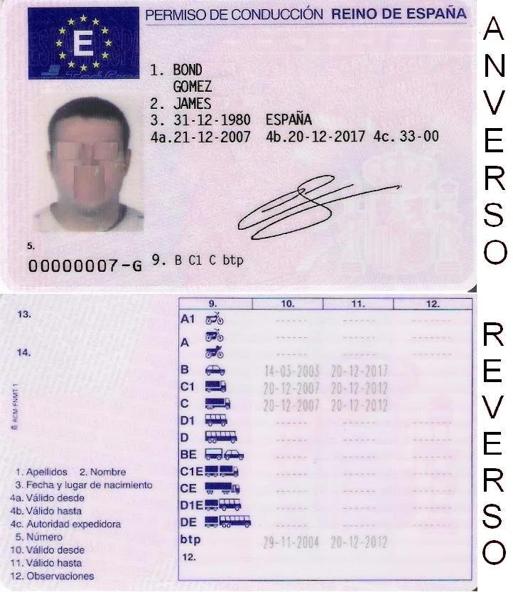 Permiso de conducción Reino de España: anverso с фотографией и личными данными, реверс с категориями A, B, C, D, BE и сроками действия