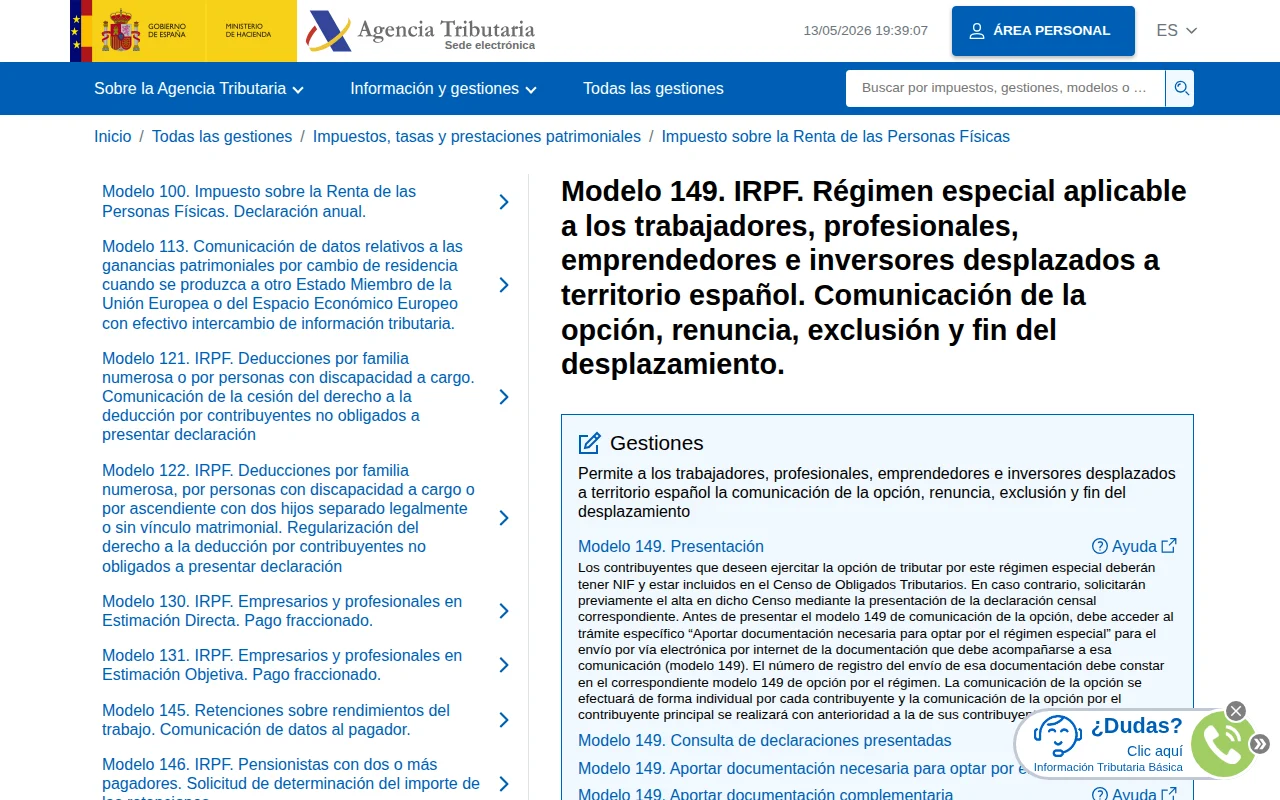 Скриншот страницы Modelo 149 на сайте Agencia Tributaria — официальная форма для опции по режиму импатриадов