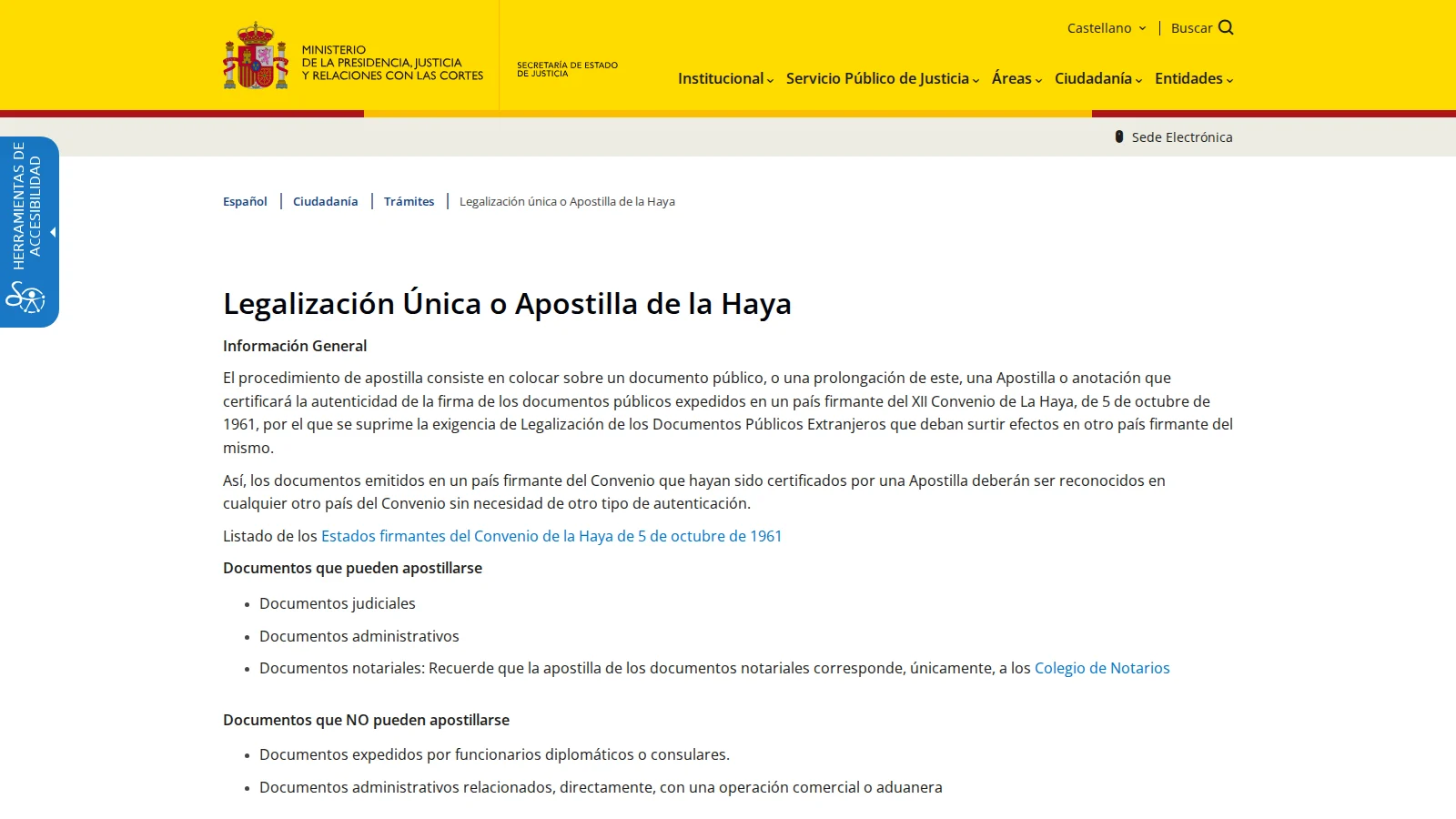 Скриншот портала Министерства юстиции Испании — раздел Legalización única o Apostilla de la Haya
