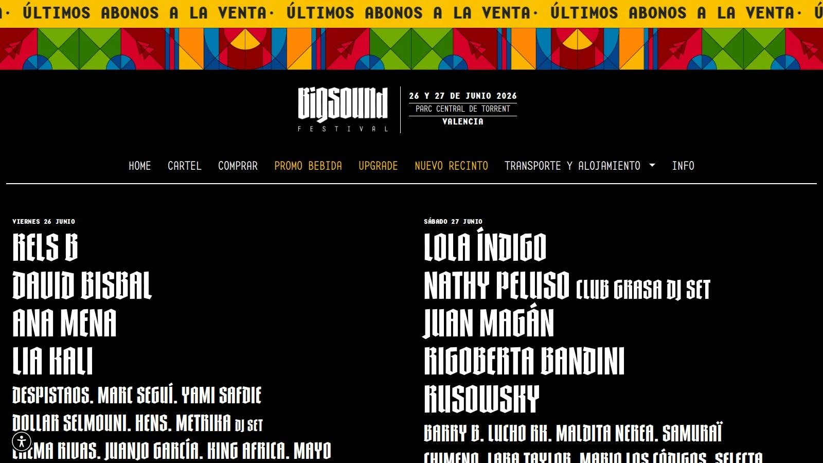 Афиша BIGSOUND Festival 2026 в Валенсии: Rels B, David Bisbal, Ana Mena, Lia Kali в пятницу 26 июня; Lola Índigo, Nathy Peluso, Juan Magán, Rigoberta Bandini, Rusowsky в субботу 27 июня