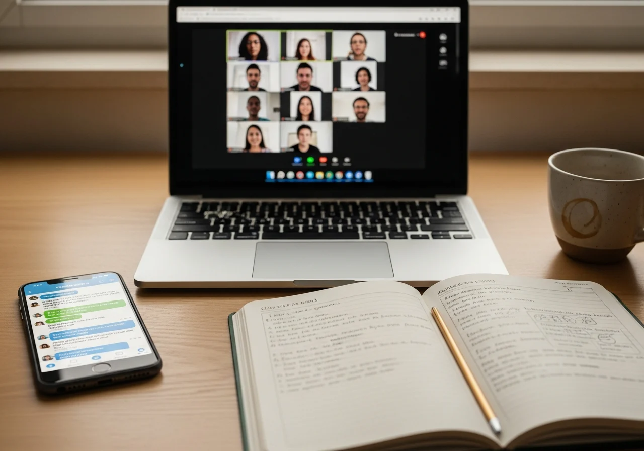 Онлайн-урок школы Espalingo: ноутбук с Zoom-группой и смартфон с Telegram-ботом для домашней работы