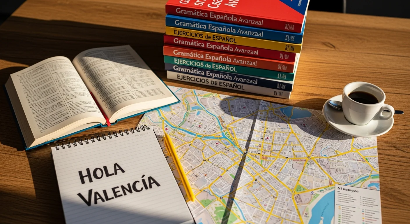 Учебники грамматики испанского, карта Валенсии и тетрадь с надписью Hola Valencia на столе