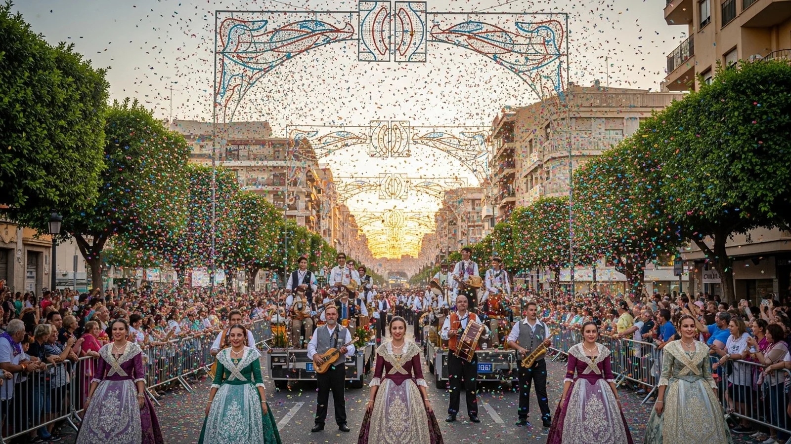 Coso Multicolor в Аликанте — финальный парад Hogueras с битвой конфетти, белеами в традиционных нарядах и муниципальными бандами