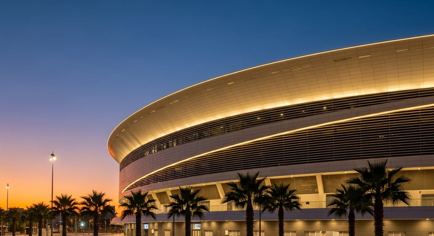 Roig Arena — современная многофункциональная арена Валенсии, изогнутый фасад с подсветкой на закате
